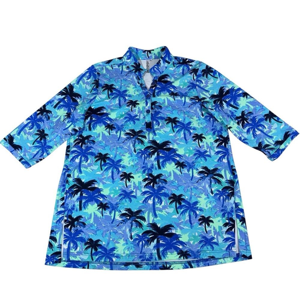 Lulu B V-NECK TRAVEL TUNIC Top Blue Palm Tree Print 3/4 Sleeve UPF 50+ Resort‎ - Picture 3 of 11